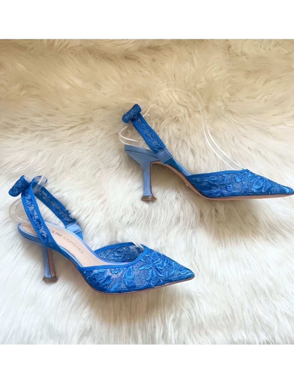 New! Caroline Constas Blue Lace Bow Slingback Pointed Toe Heels EU 37 Rare - Picture 7 of 10